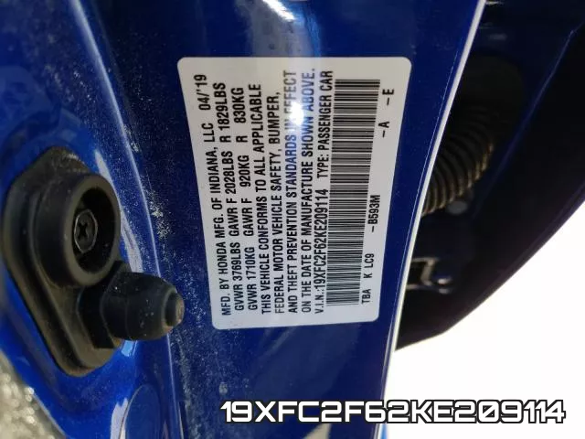 19XFC2F62KE209114 фото 2