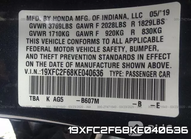 19XFC2F68KE040636 фото 10