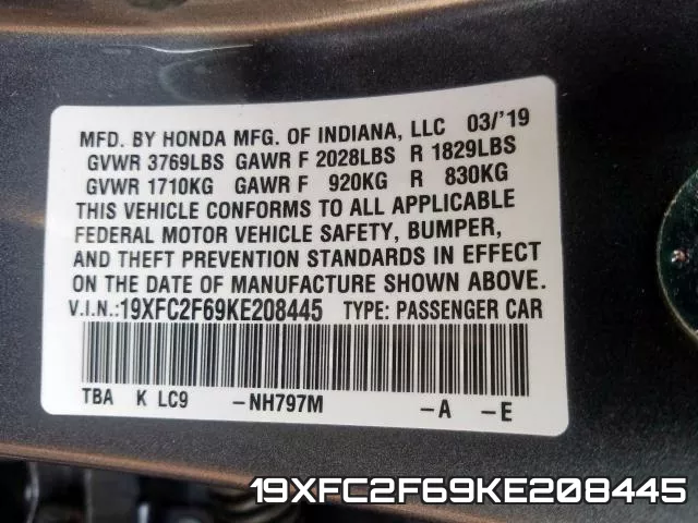 19XFC2F69KE208445 фото 2