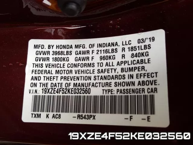 19XZE4F52KE032560 фото 2