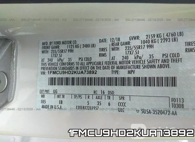 1FMCU9HD2KUA73892 фото 10
