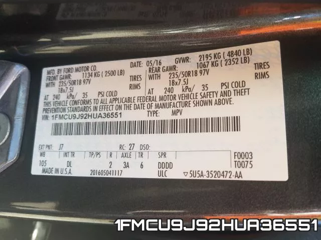 1FMCU9J92HUA36551 фото 2