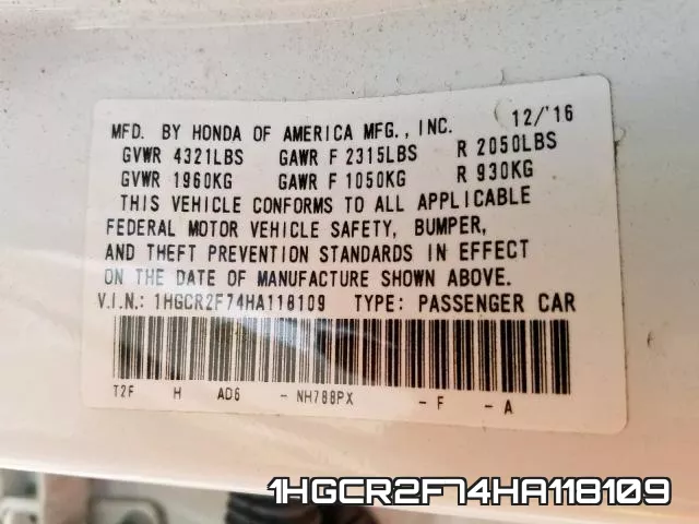 1HGCR2F74HA118109 фото 2