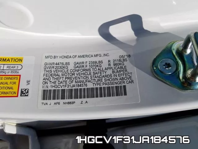 1HGCV1F31JA184576 фото 2