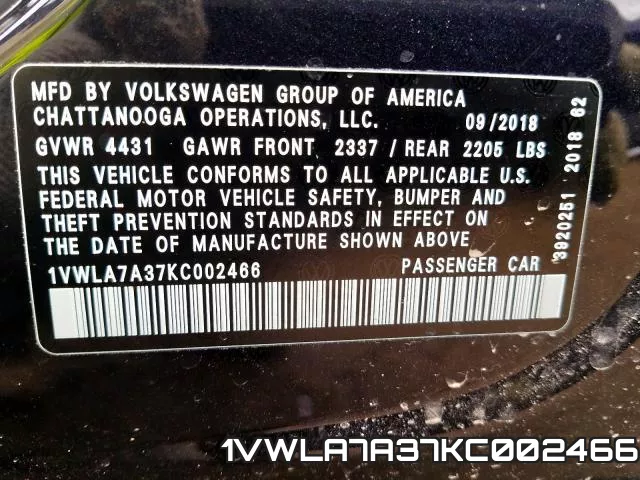 1VWLA7A37KC002466 фото 2