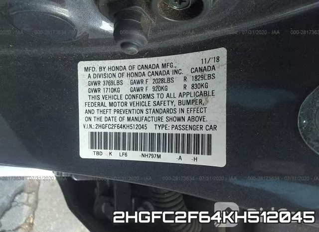 2HGFC2F64KH512045 фото 10