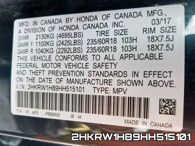 2HKRW1H89HH515101 фото 2