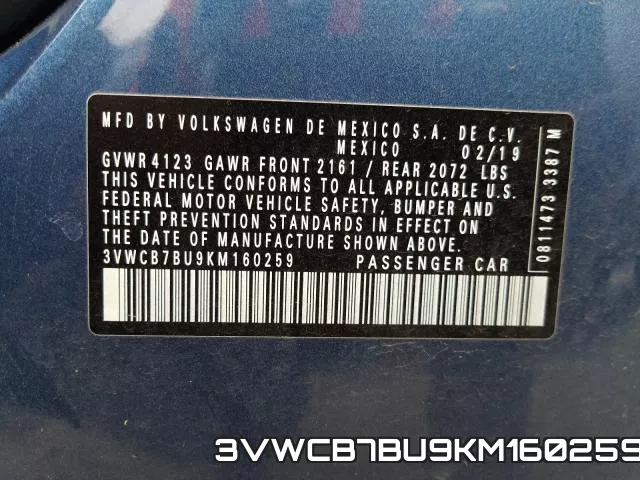 3VWCB7BU9KM160259 фото 2