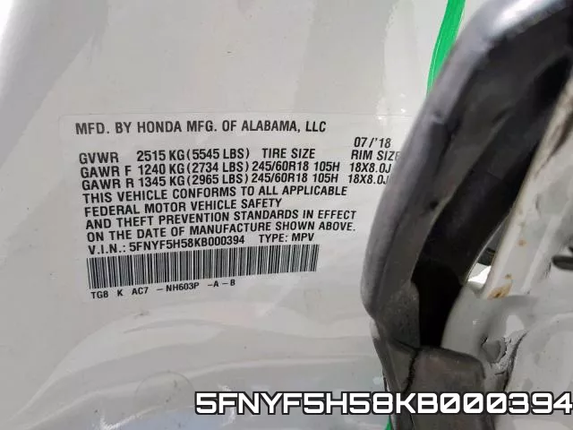 5FNYF5H58KB000394 фото 2