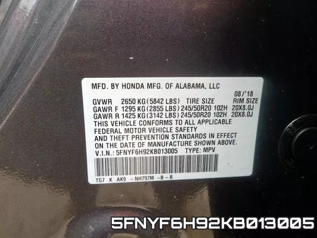 5FNYF6H92KB013005 фото 2