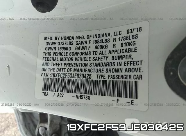19XFC2F53JE030425 фото 10