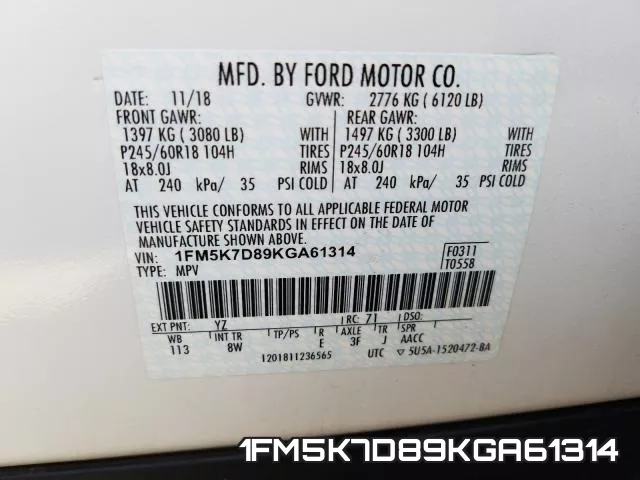1FM5K7D89KGA61314 фото 2