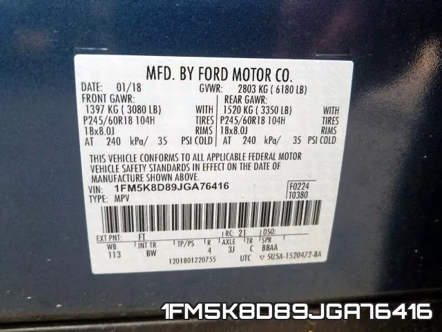 1FM5K8D89JGA76416 фото 2