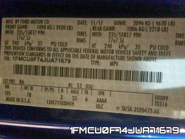 1FMCU0F74JUA71679 фото 2