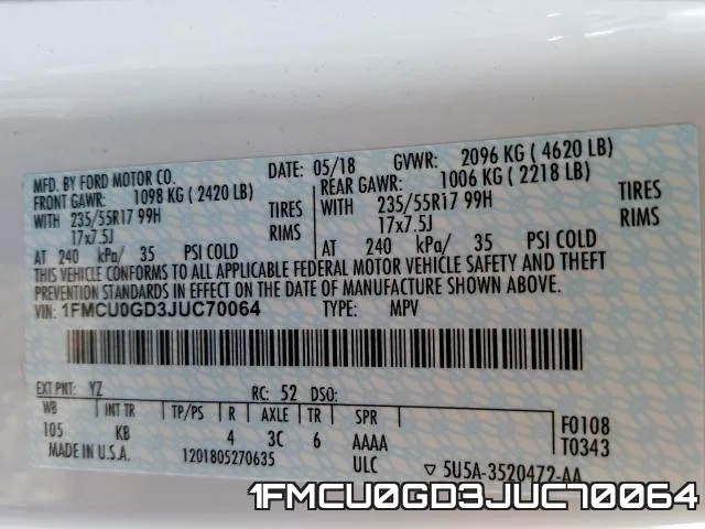 1FMCU0GD3JUC70064 фото 2