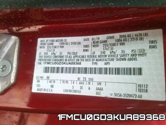 1FMCU0GD3KUA89368 фото 2
