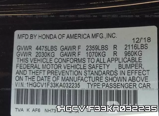 1HGCV1F33KA032235 фото 10