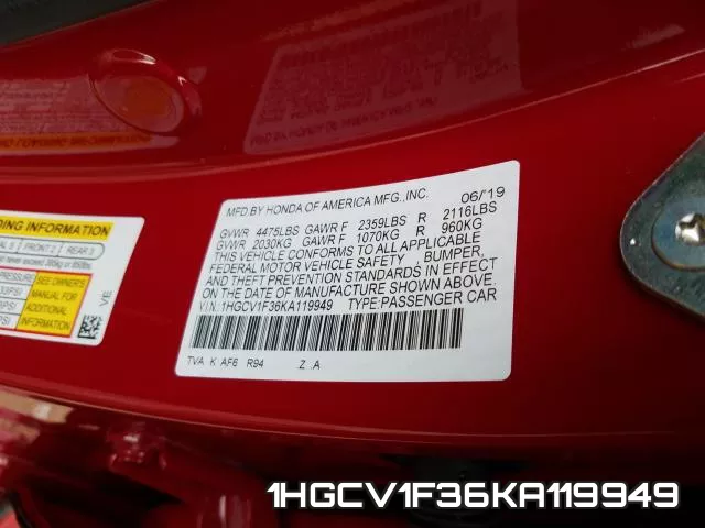 1HGCV1F36KA119949 фото 2