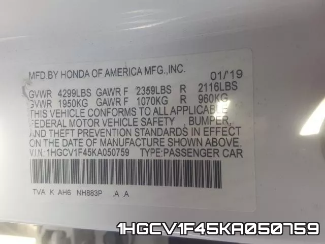 1HGCV1F45KA050759 фото 2