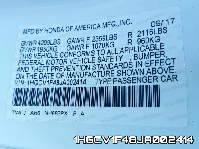 1HGCV1F48JA002414 фото 2