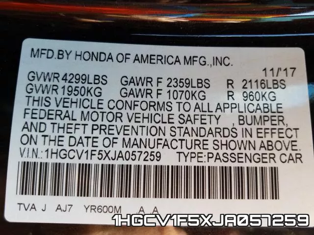 1HGCV1F5XJA057259 фото 2