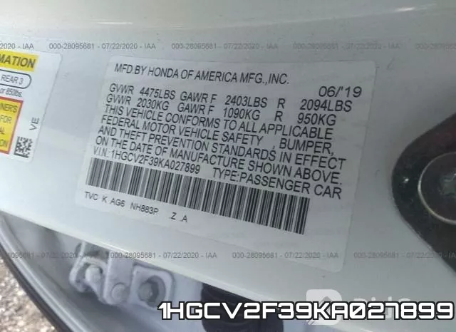 1HGCV2F39KA027899 фото 10
