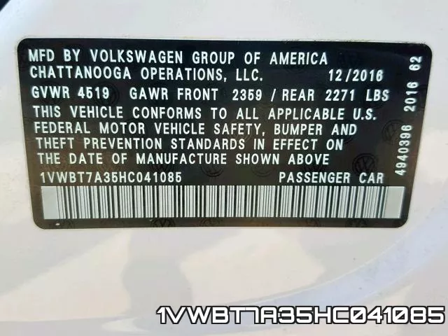 1VWBT7A35HC041085 фото 2