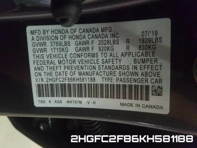 2HGFC2F86KH581188 фото 2