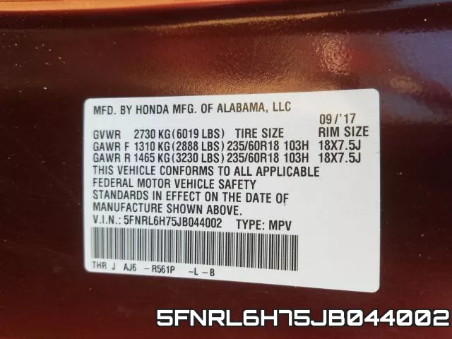 5FNRL6H75JB044002 фото 2