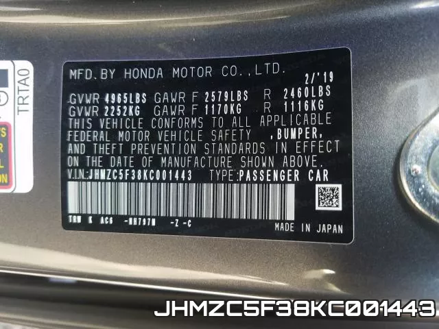 JHMZC5F38KC001443 фото 2