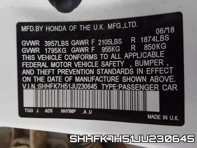SHHFK7H51JU230645 фото 2