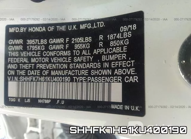 SHHFK7H61KU400190 фото 10