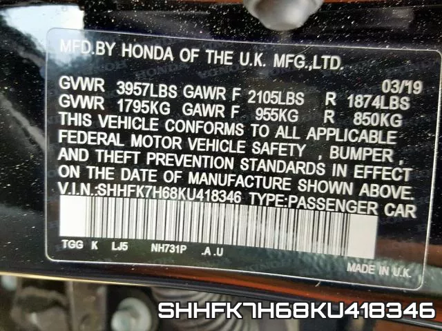 SHHFK7H68KU418346 фото 2