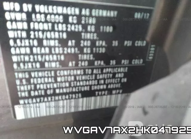 WVGAV7AX2HK047925 фото 10