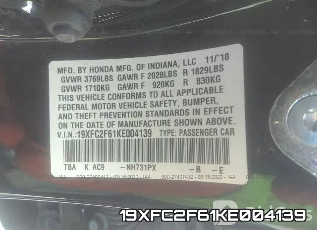 19XFC2F61KE004139 фото 10