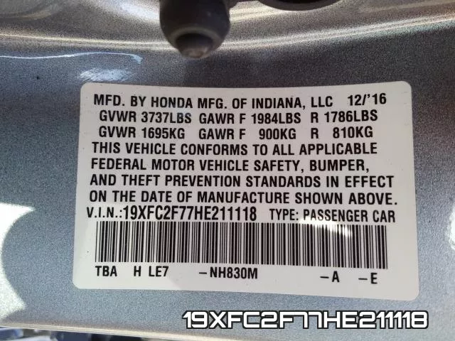 19XFC2F77HE211118 фото 2