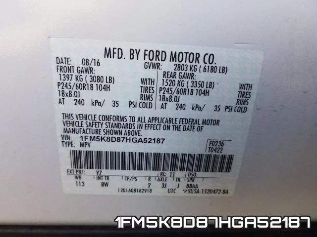1FM5K8D87HGA52187 фото 2