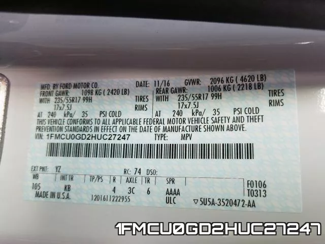 1FMCU0GD2HUC27247 фото 2