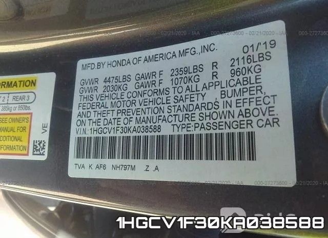 1HGCV1F30KA038588 фото 10