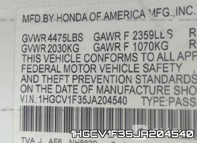 1HGCV1F35JA204540 фото 10