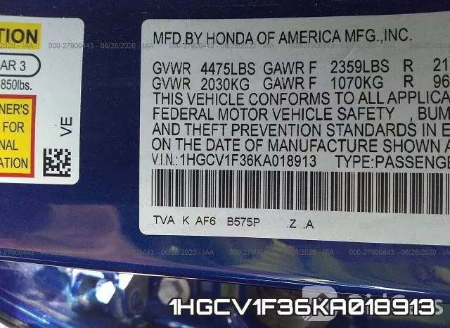 1HGCV1F36KA018913 фото 10