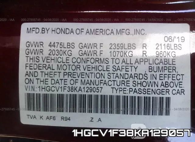 1HGCV1F38KA129057 фото 10