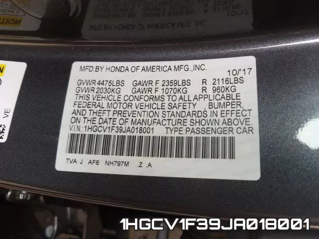1HGCV1F39JA018001 фото 2