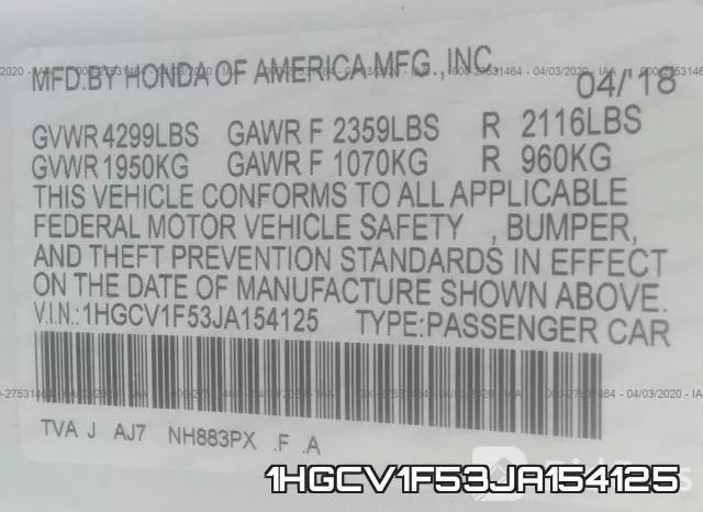1HGCV1F53JA154125 фото 10