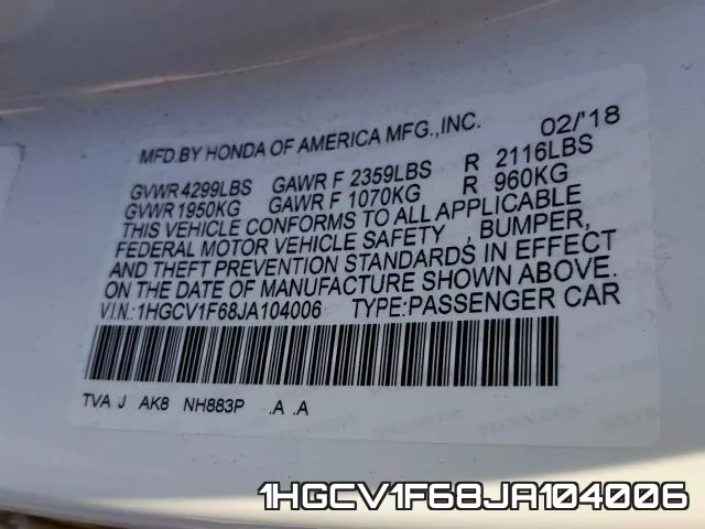 1HGCV1F68JA104006 фото 2