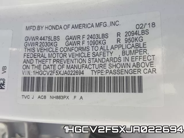 1HGCV2F5XJA022694 фото 2