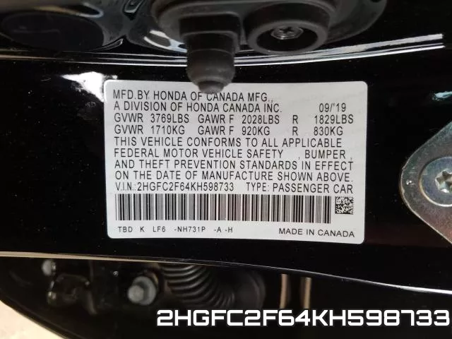 2HGFC2F64KH598733 фото 2
