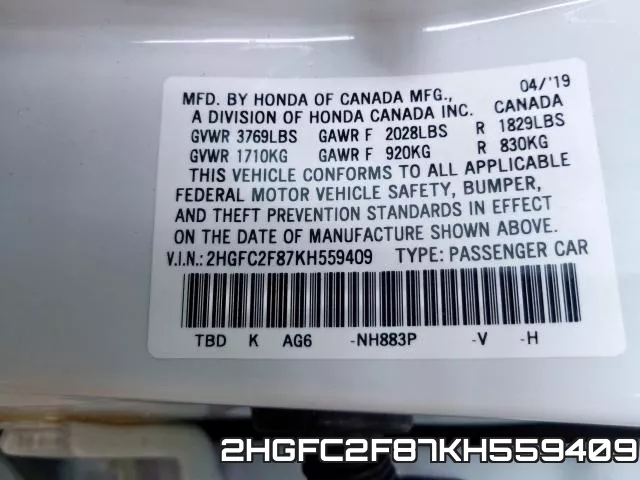 2HGFC2F87KH559409 фото 2