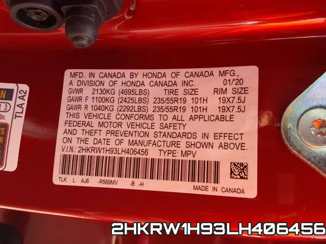 2HKRW1H93LH406456 фото 2