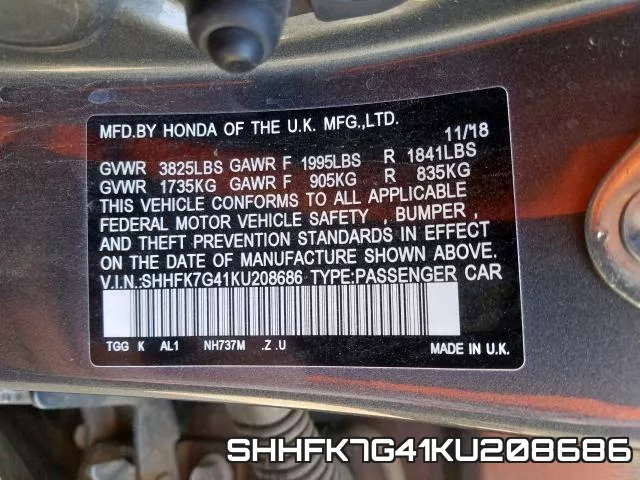 SHHFK7G41KU208686 фото 2